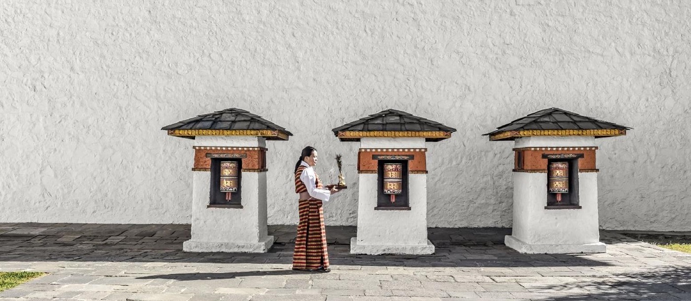 Chortens in the courtyard of Amankora Thimphu in Bhutan