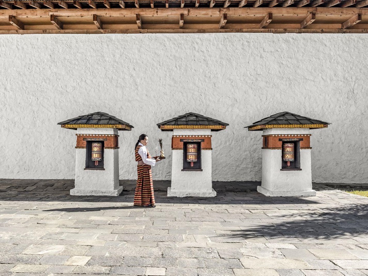 Chortens in the courtyard of Amankora Thimphu in Bhutan