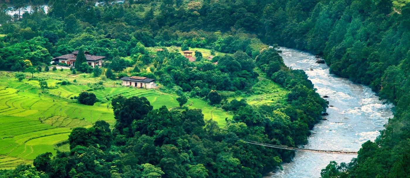 Aerial view of &Beyond Punakha River Lodge in Bhutan