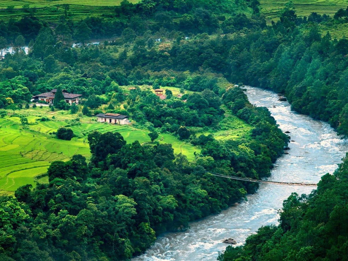 Aerial view of &Beyond Punakha River Lodge in Bhutan