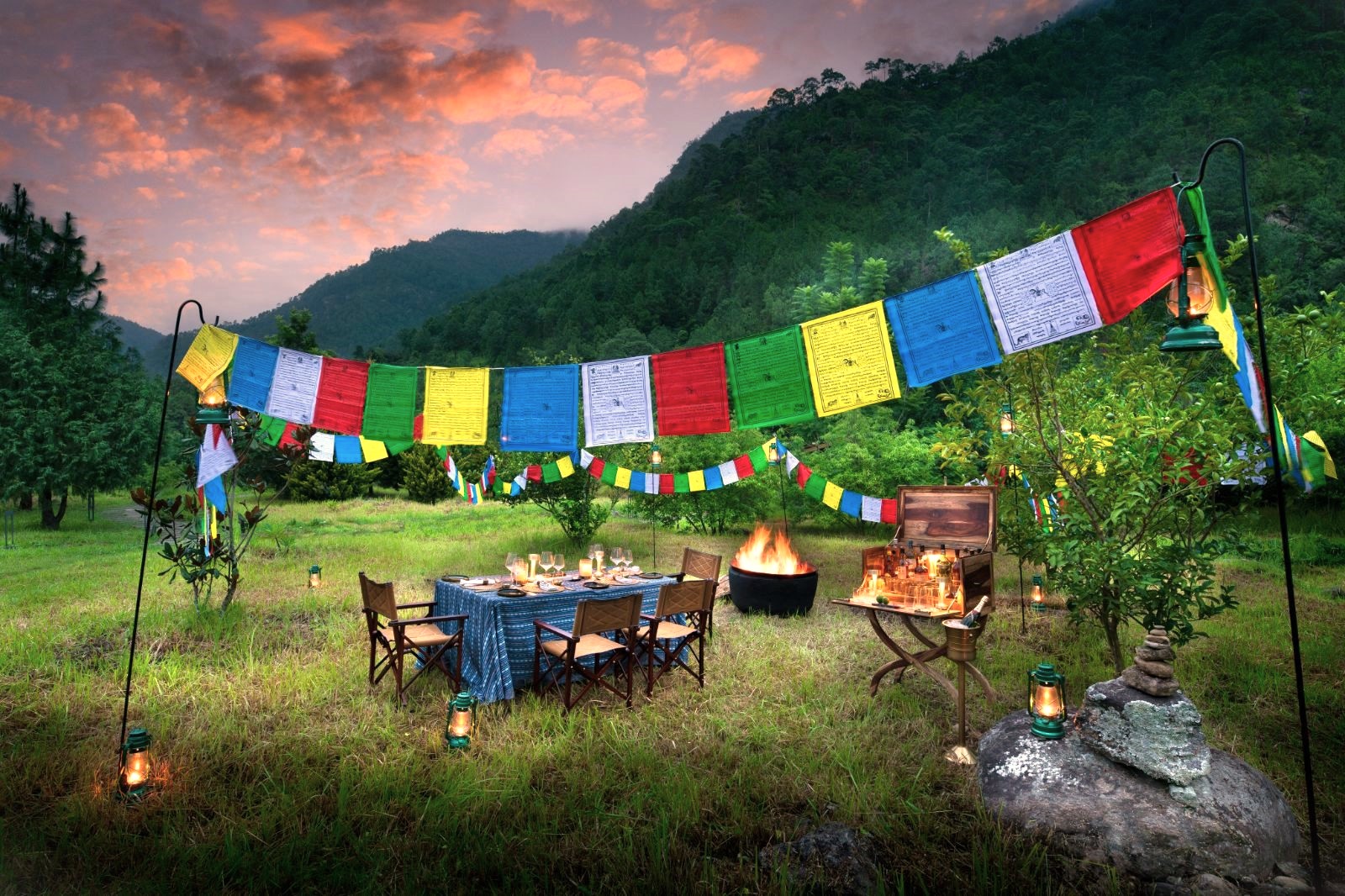 Alfresco dining on the grounds of &Beyond Punakha River Lodge in Bhutan