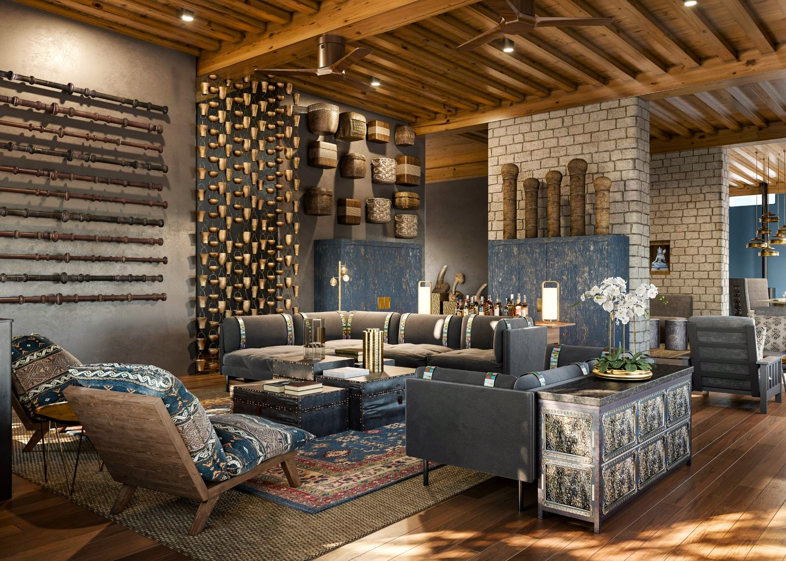 Guest area lounge at &Beyond Punakha River Lodge in Bhutan