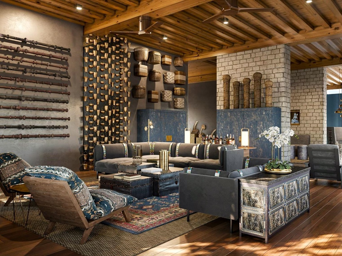 Guest area lounge at &Beyond Punakha River Lodge in Bhutan