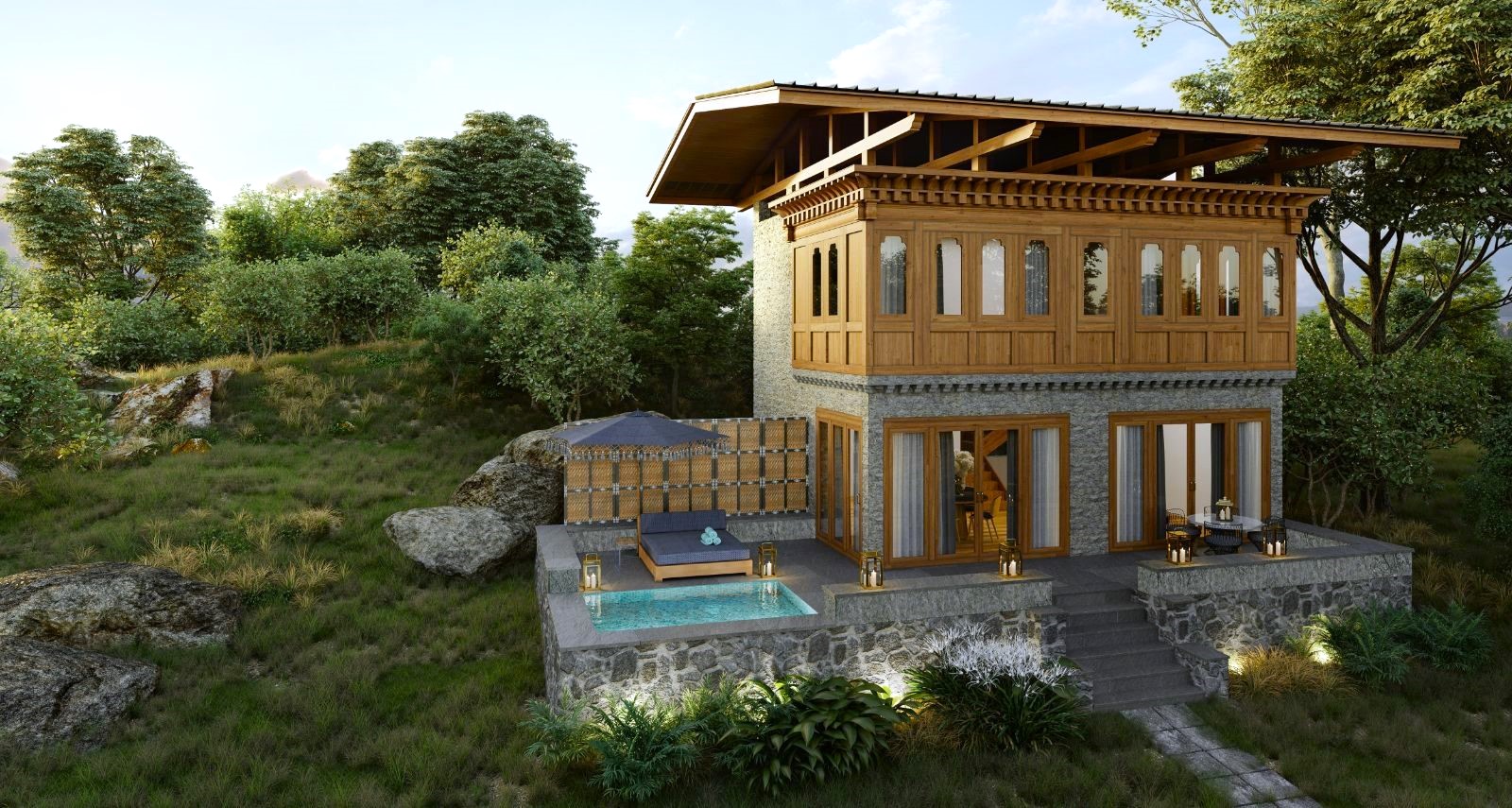 One bed villa exterior at &Beyond Punakha River Lodge in Bhutan
