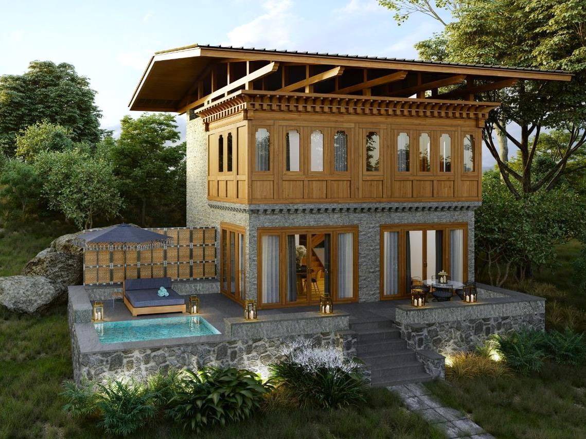 One bed villa exterior at &Beyond Punakha River Lodge in Bhutan