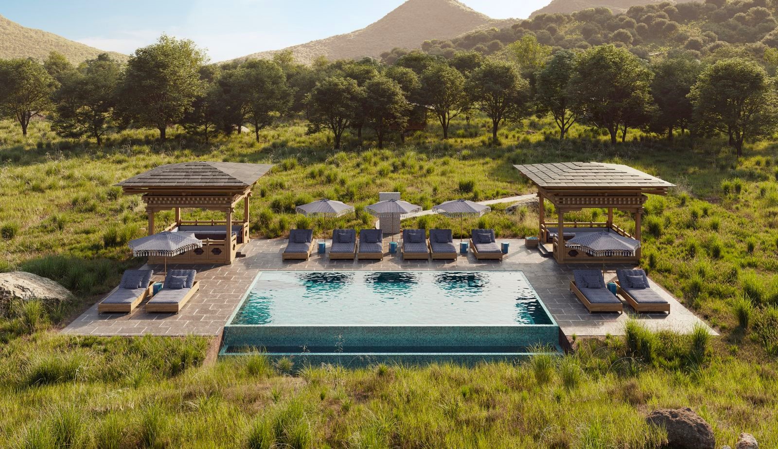 Pool pavilion at &beyond Punakha River Lodge in Bhutan