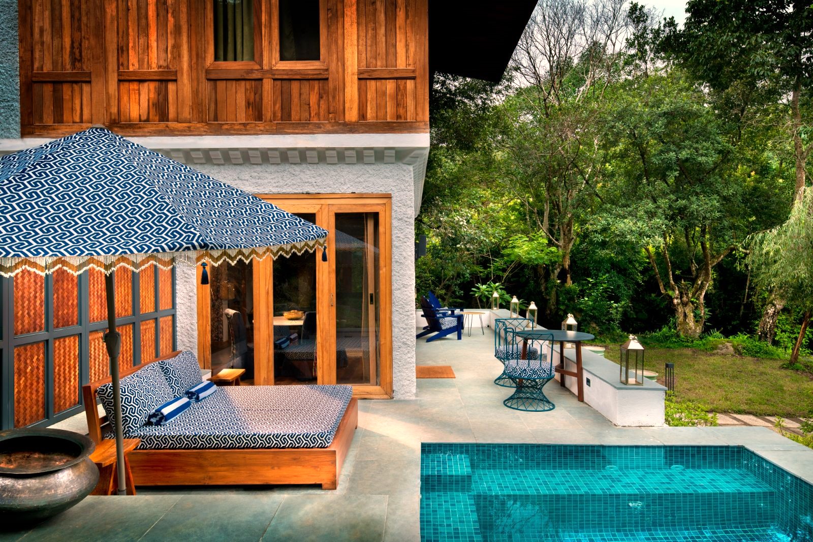 River house swimming pool at &Beyond Punakha River Lodge in Bhutan