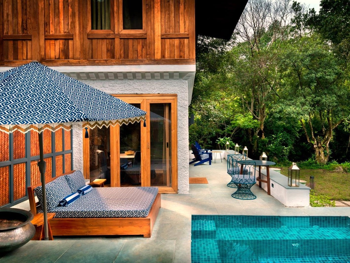 River house swimming pool at &Beyond Punakha River Lodge in Bhutan