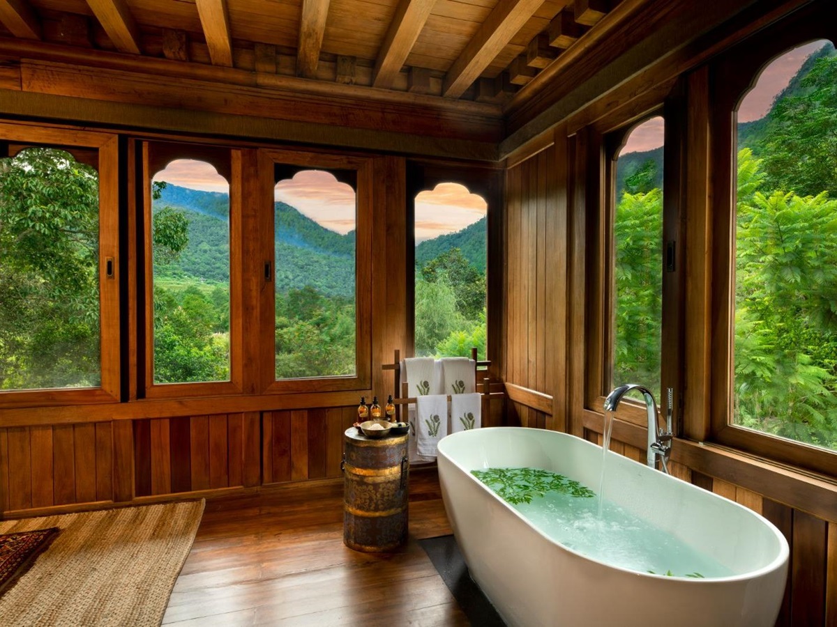 Tented suite bathroom at &Beyond Punakha River Lodge in Bhutan