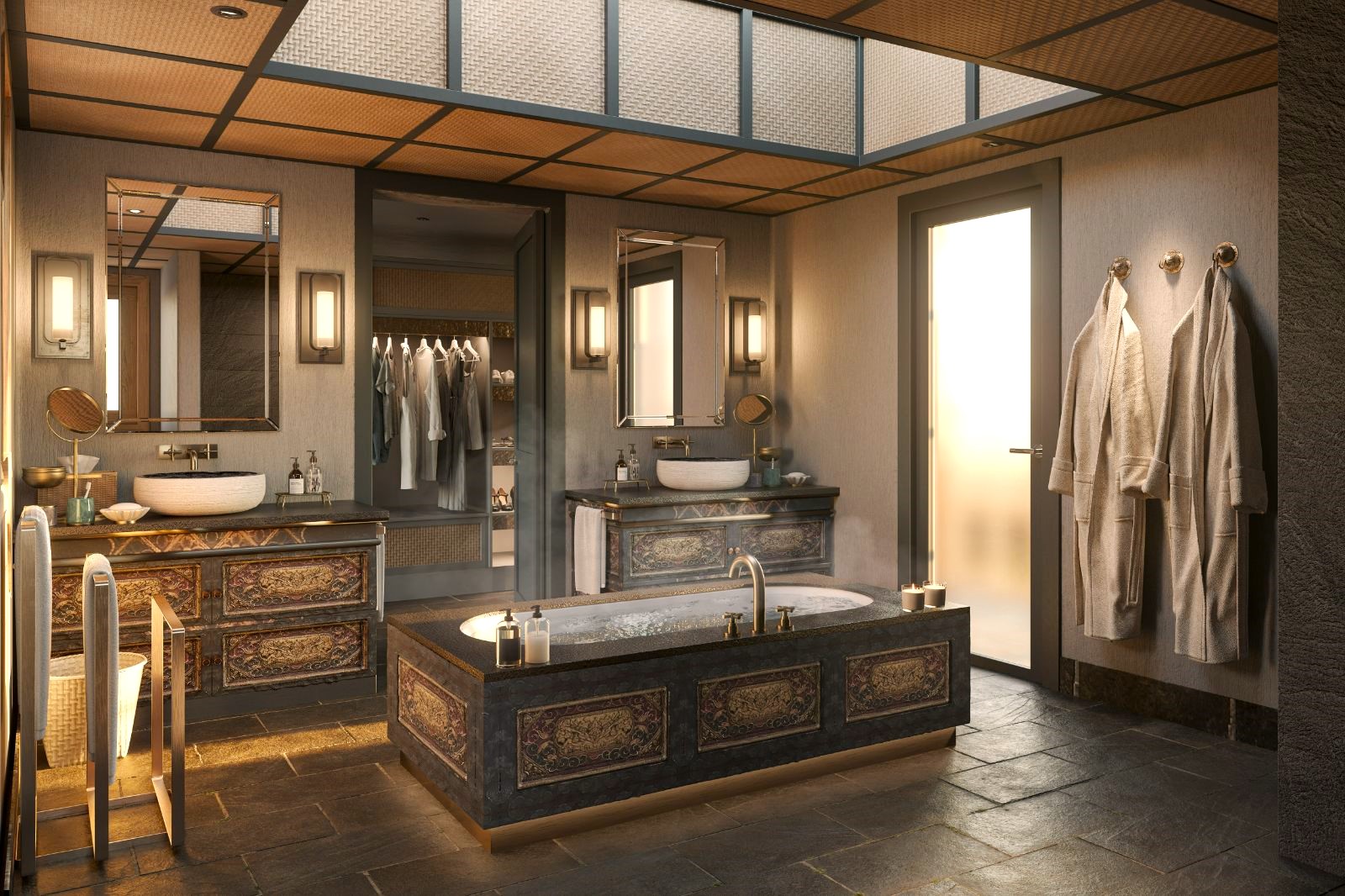 Tented suite bathroom at &beyond Punakha River Lodge in Bhutan