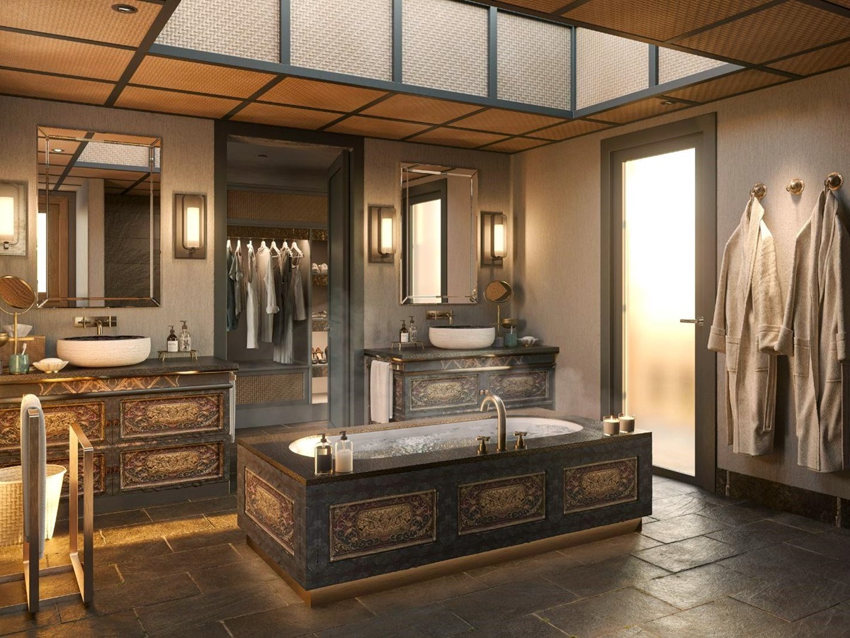 Tented suite bathroom at &beyond Punakha River Lodge in Bhutan