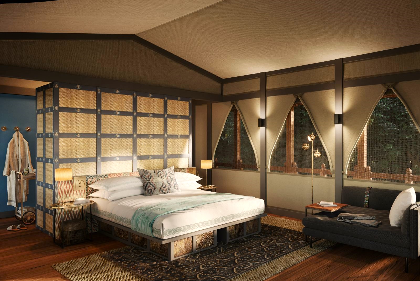 Tented suite bedroom at &Beyond Punakha River Lodge in Bhutan