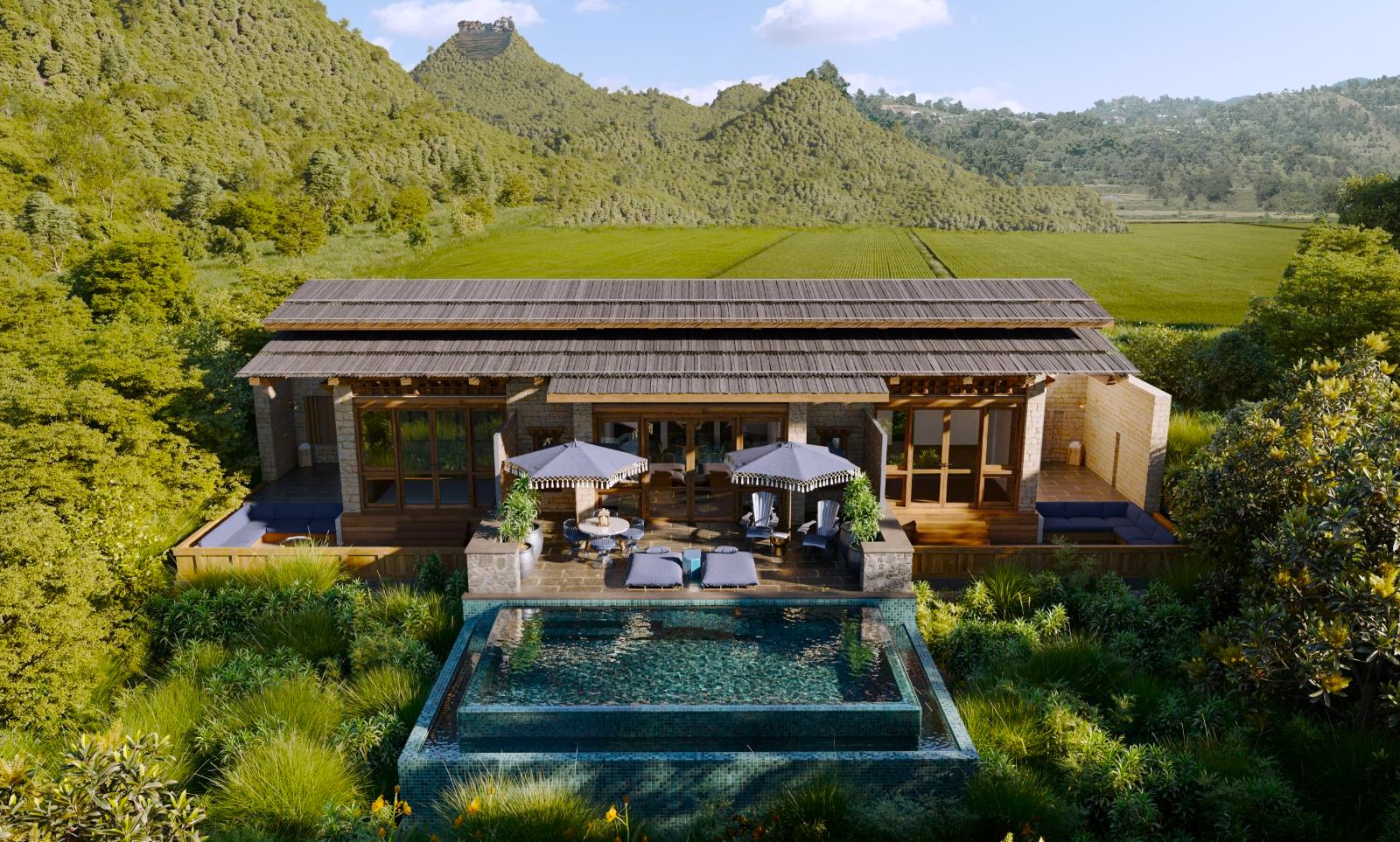 Two bed villa exterior at &Beyond Punakha River Lodge in Bhutan