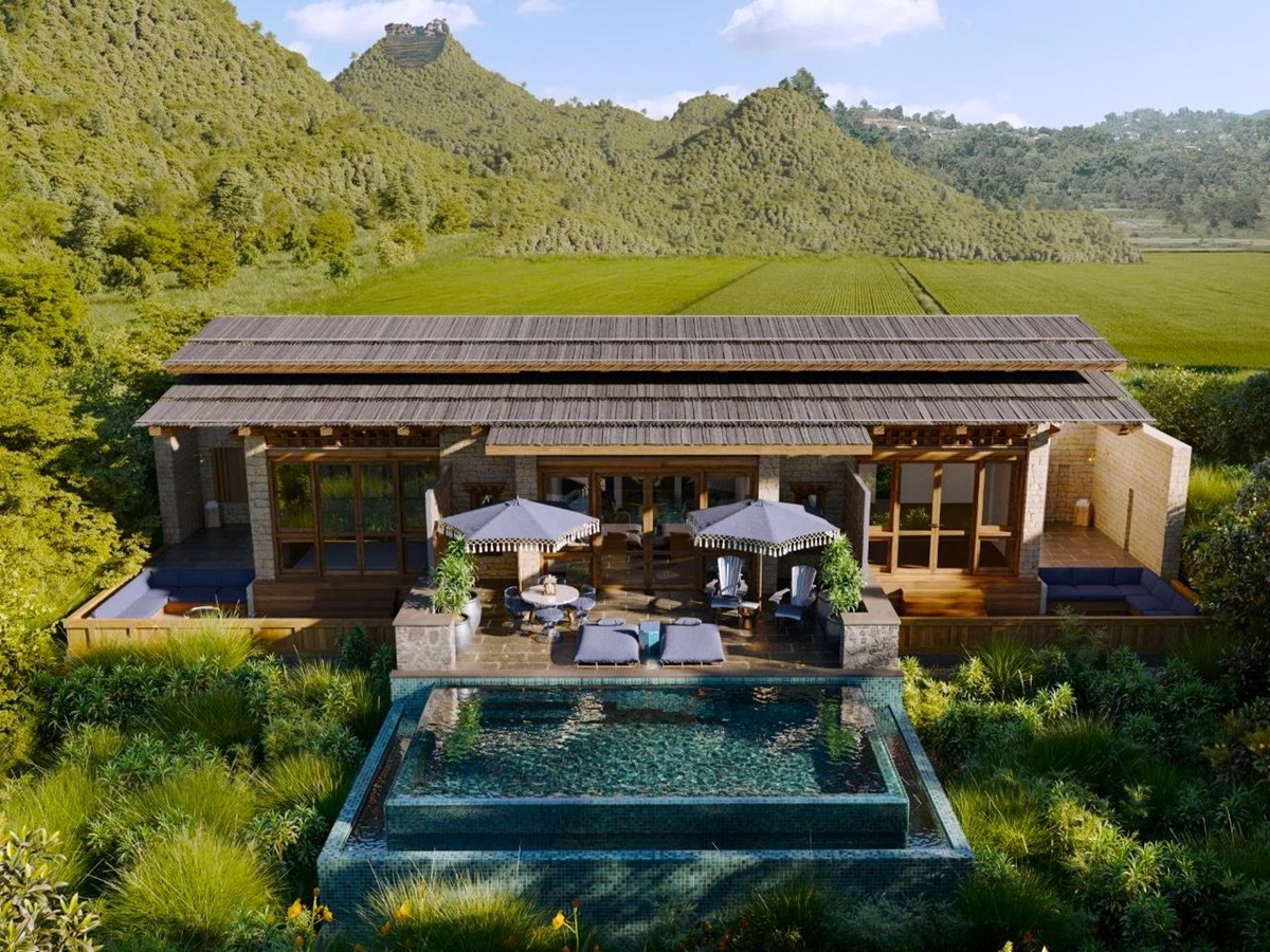 Two bed villa exterior at &Beyond Punakha River Lodge in Bhutan