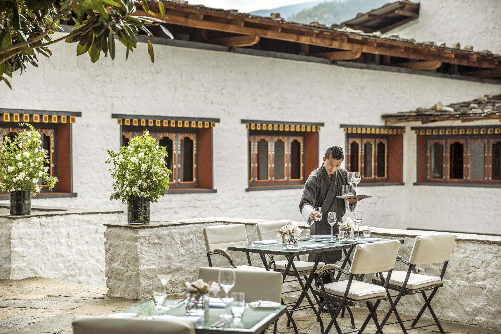 Outdoor dining on the terrace at the COMO Uma Paro Bhutan