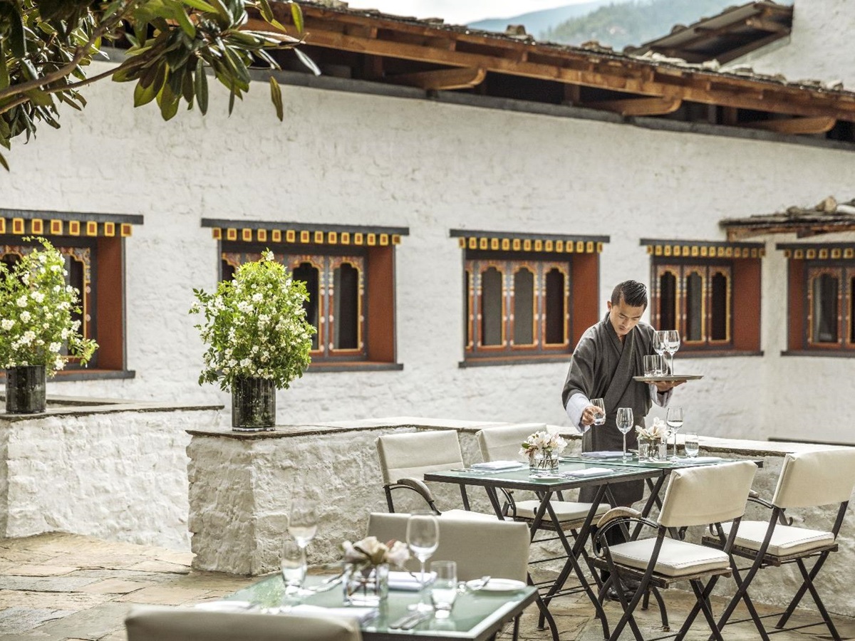 Outdoor dining on the terrace at the COMO Uma Paro Bhutan