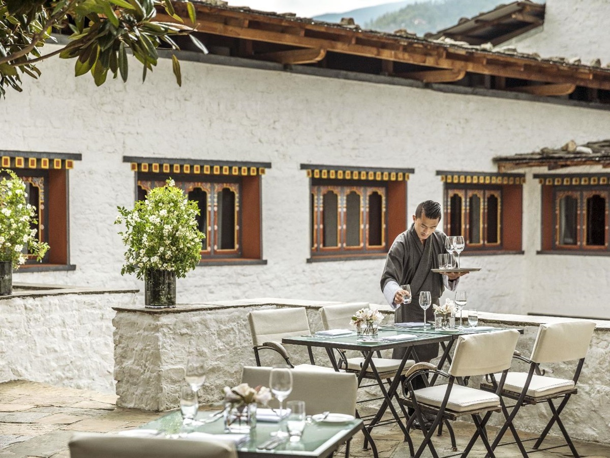 Outdoor dining on the terrace at the COMO Uma Paro Bhutan