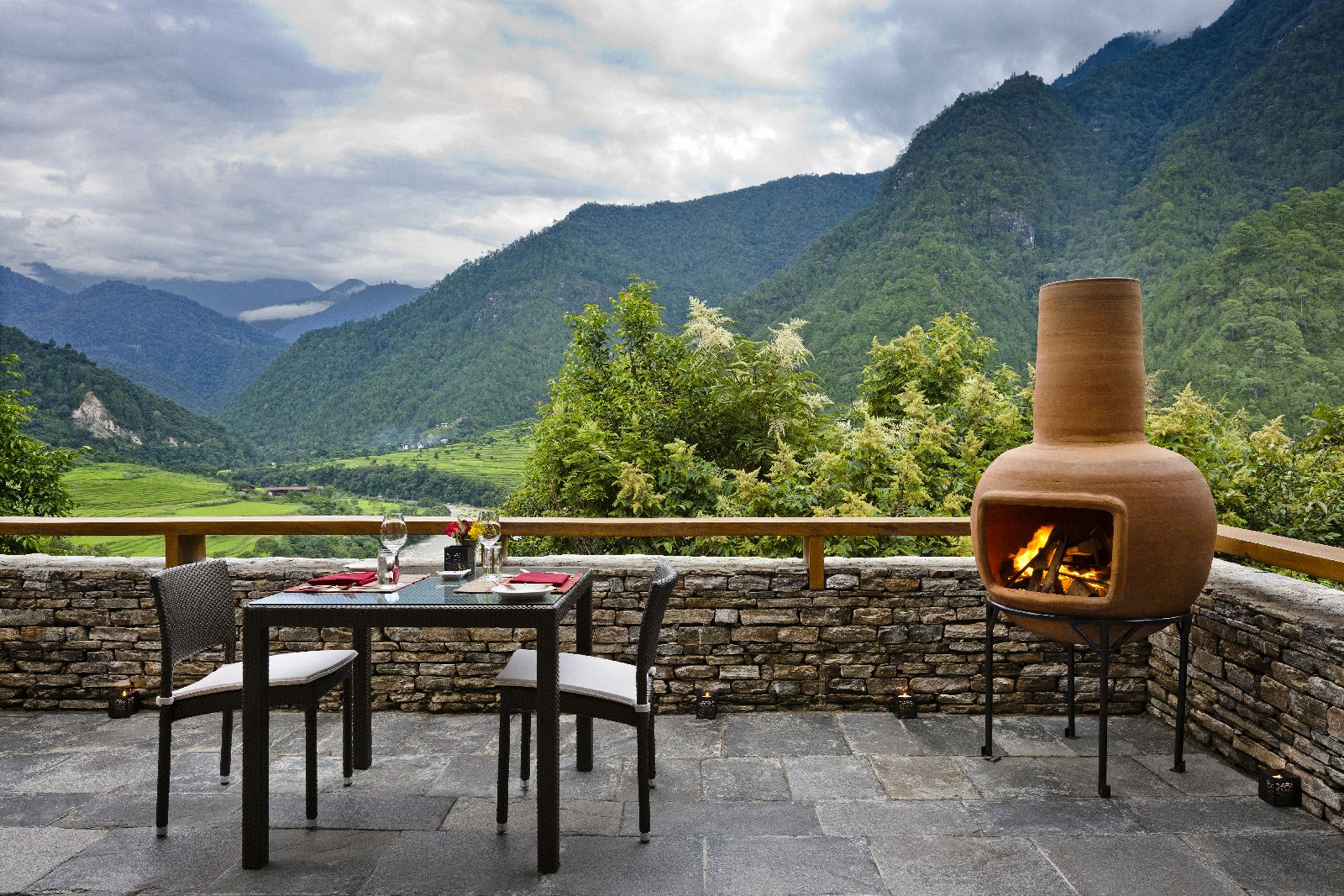 Villa terrace with mountain views at the COMO Uma Punakha in Bhutan