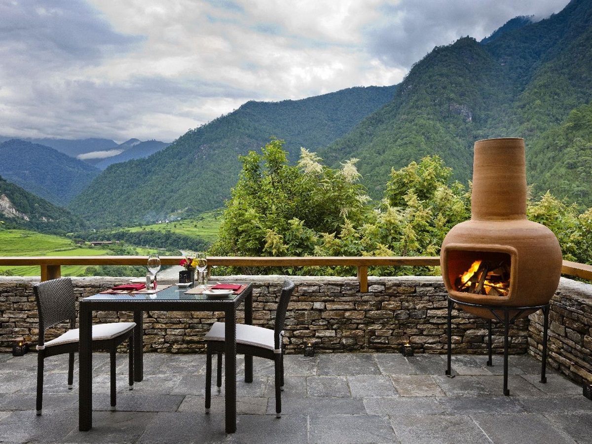 Villa terrace with mountain views at the COMO Uma Punakha in Bhutan