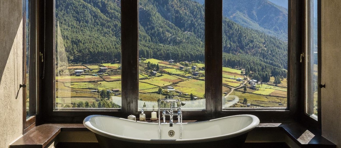 Valley views from guest bathroom at Gangtey Lodge in Bhuan