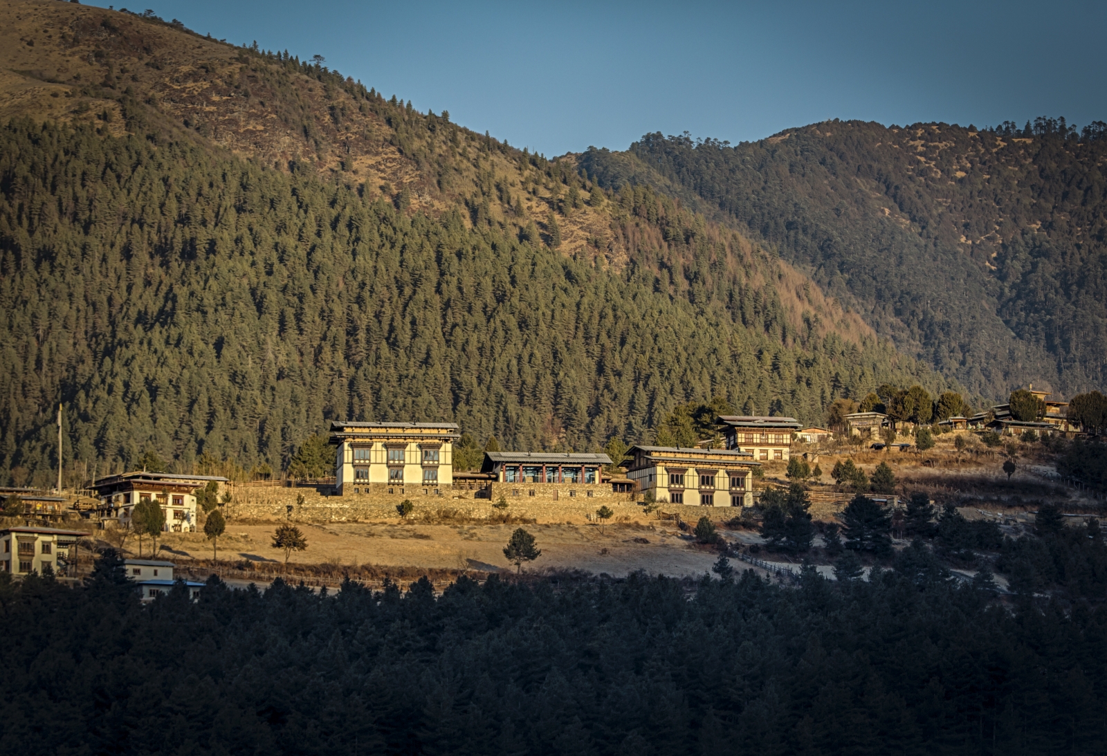 Exterior of the lodge set in forested hills and sunlight