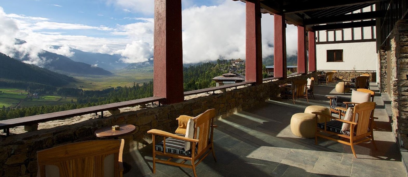 Panoramic views from the terrace at Gangtey Lodge in Bhutan