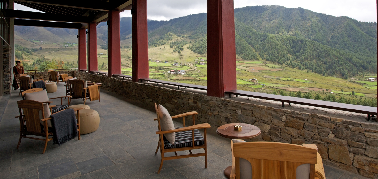 Seating area on the balcony overlooking the valley