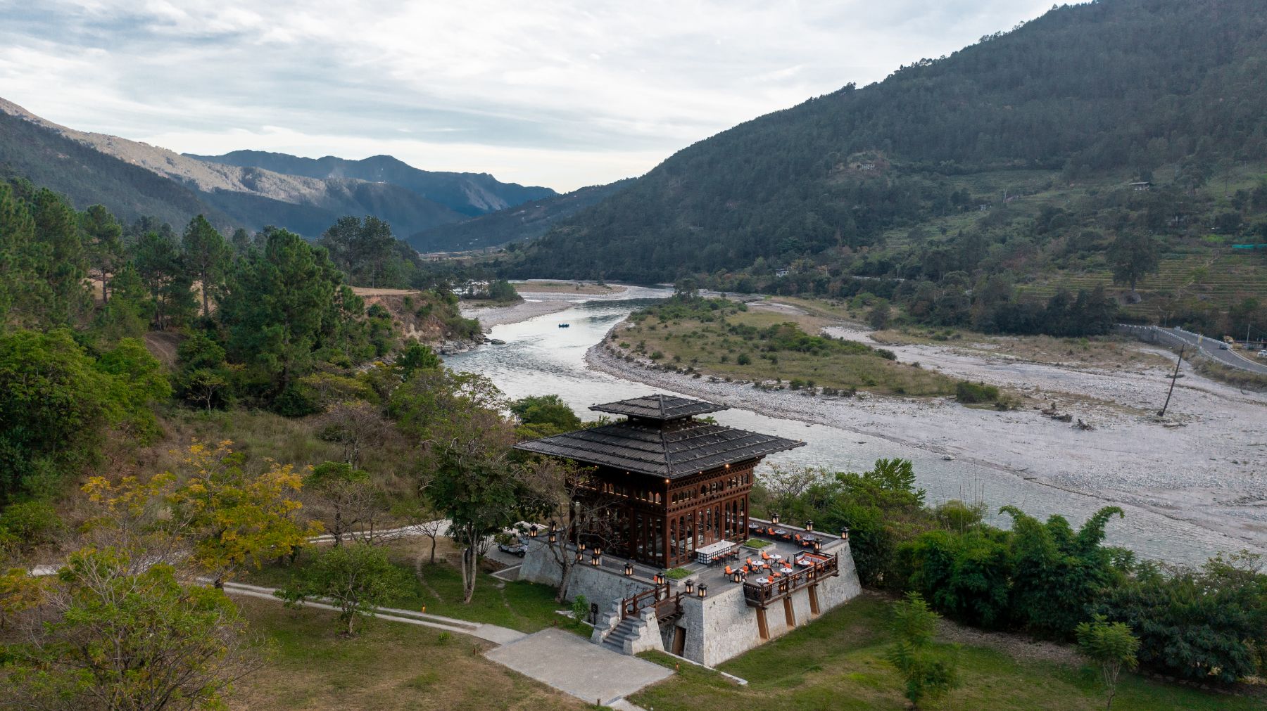 Exterior view of the bar at Pemako Punakha luxury hotel in Bhutan