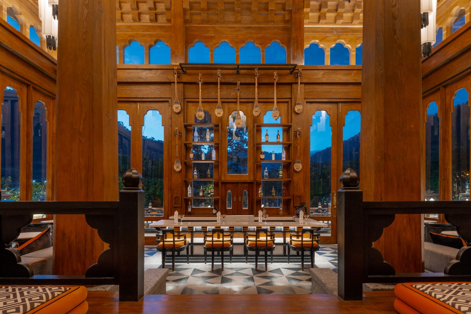 Interior view of the bar at Pemako Punakha in Bhutan