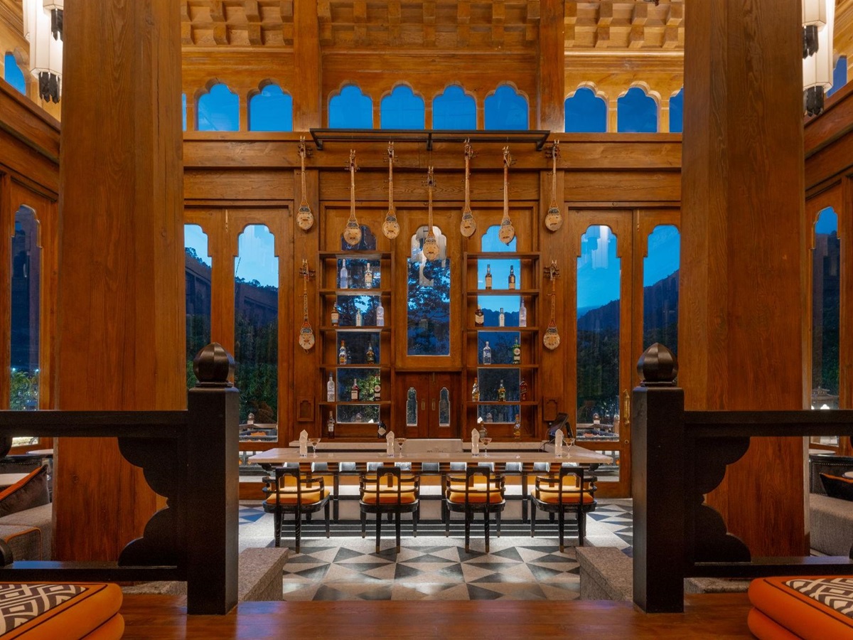 Interior view of the bar at Pemako Punakha in Bhutan