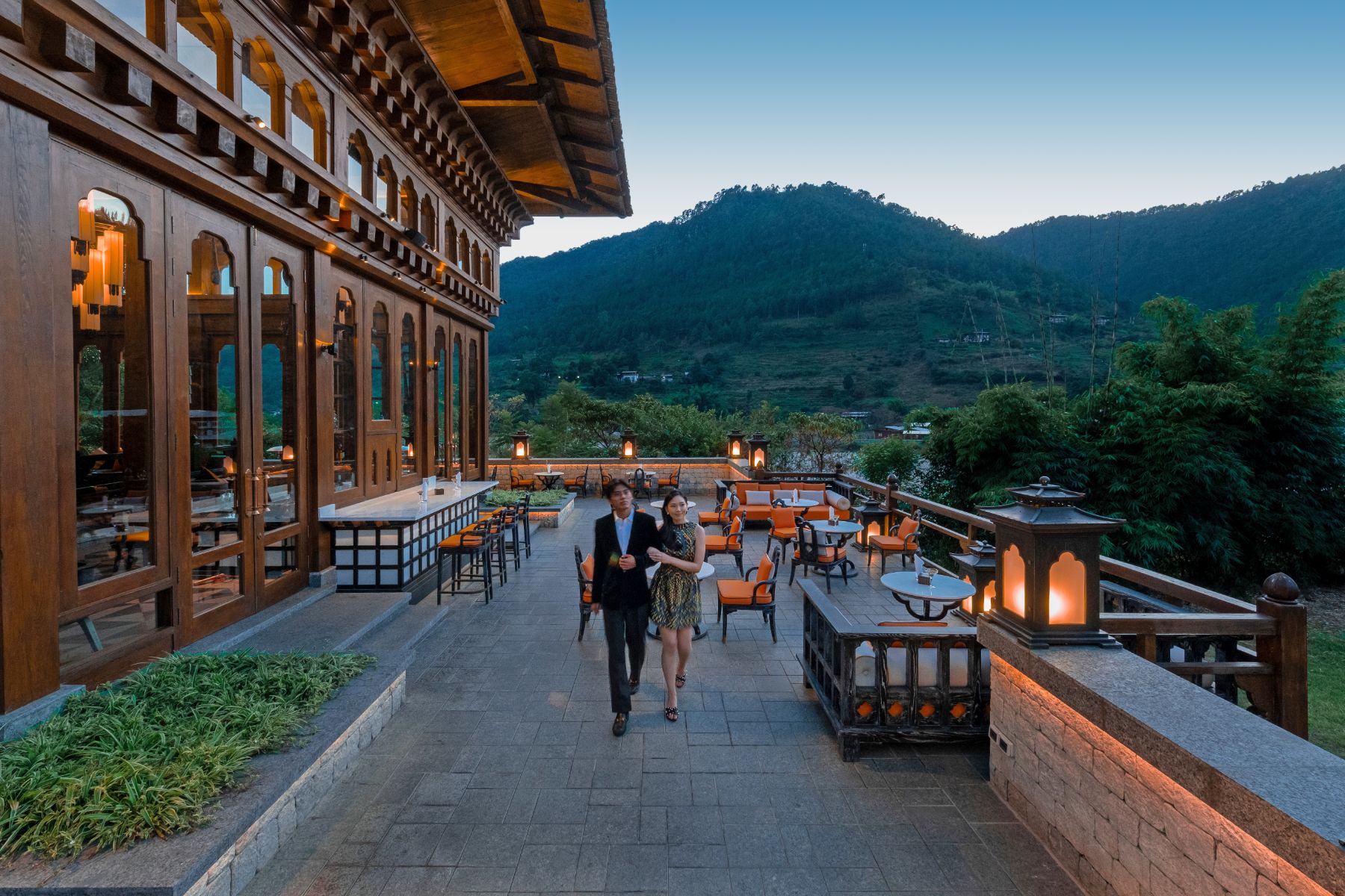 Terrace at the bar at Pomeko Punakha in Bhutan