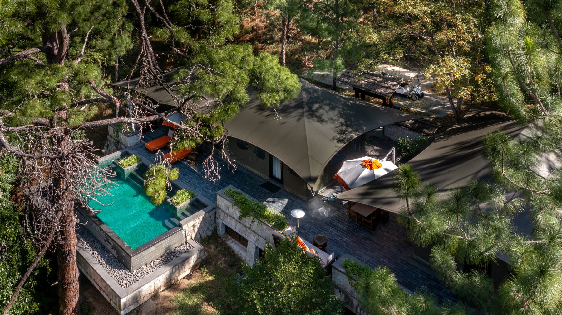 Aerial view of a two-bed villa at Pemako Punakha luxury hotel in Bhutan