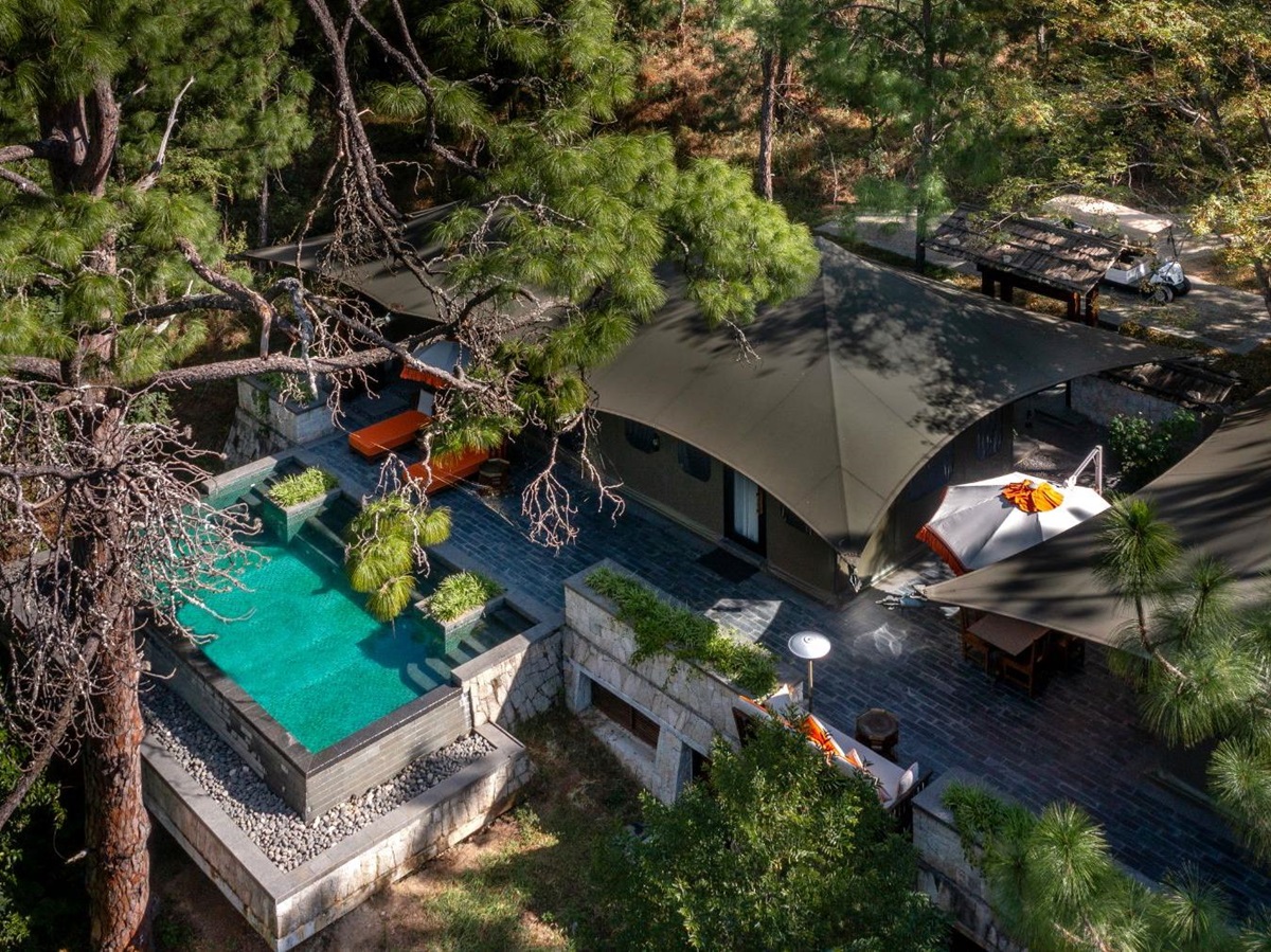 Aerial view of a two-bed villa at Pemako Punakha luxury hotel in Bhutan