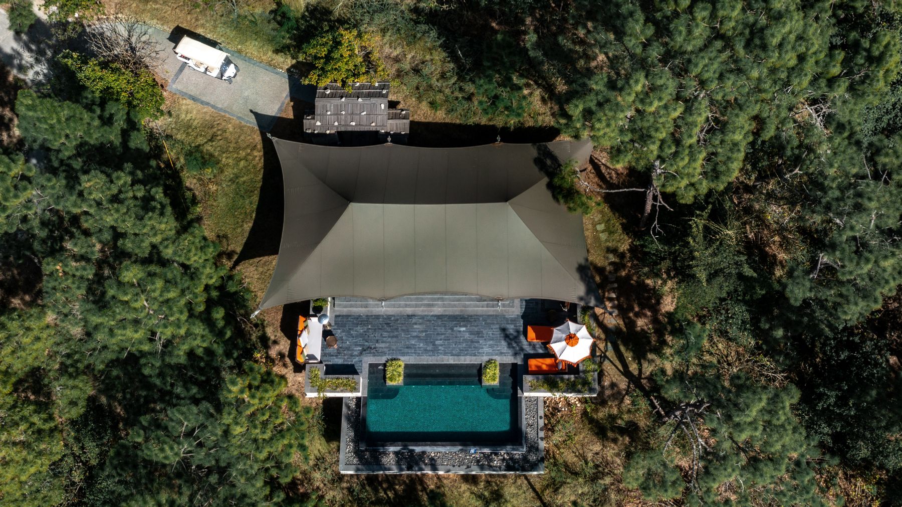 Aerial view of a villa at Pemako Punakha in Bhutan