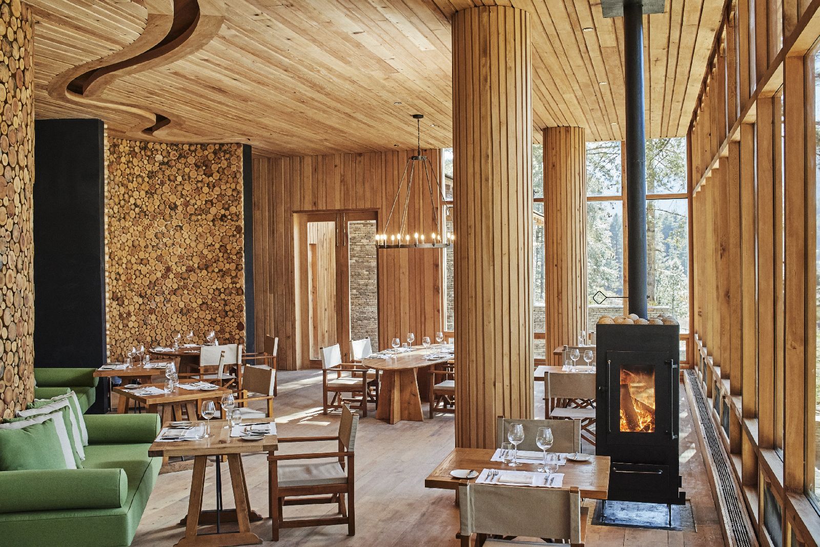 The cosy lounge and restaurant at Six Senses Bumthang in Bhutan
