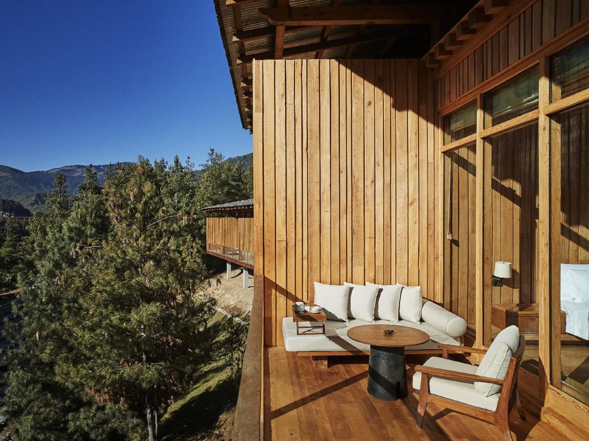 Forest views from a suite terrace at Six Senses Bumthang in Bhutan