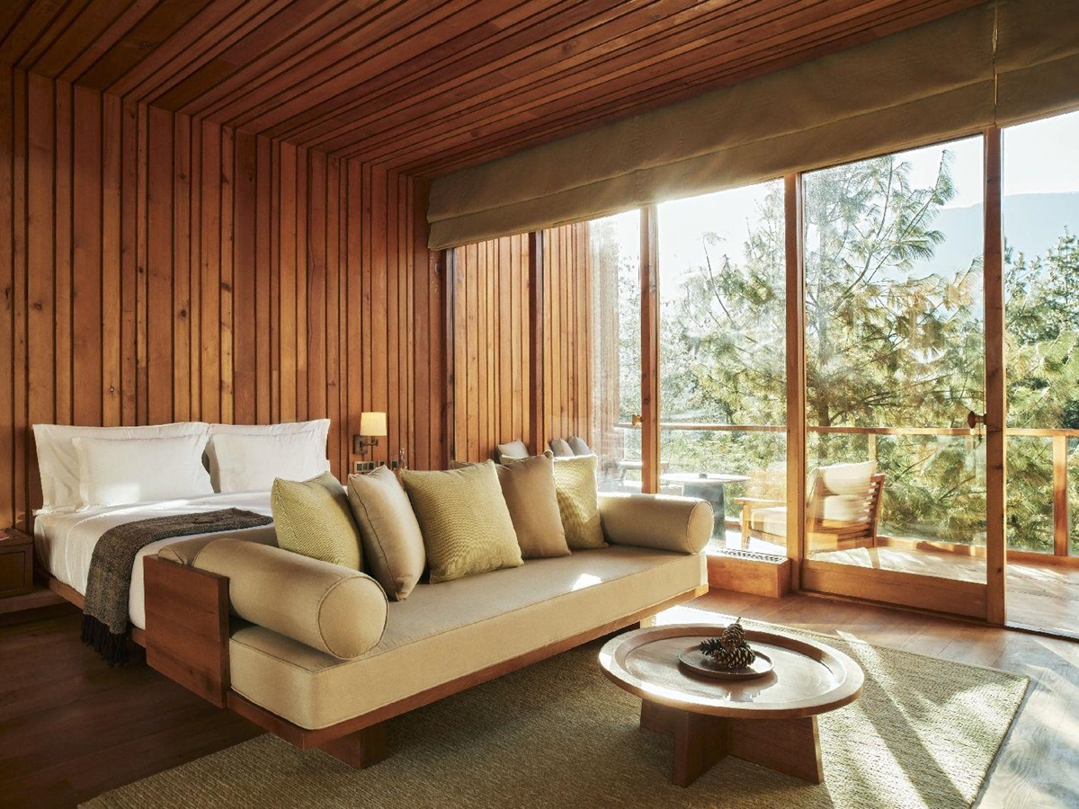 A suite with forest views at Six Senses Bumthang in Bhutan