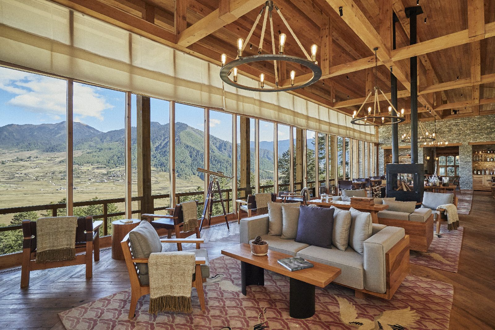 View from the lounge and birdwatching bridge at Six Senses Gangtey in Bhutan