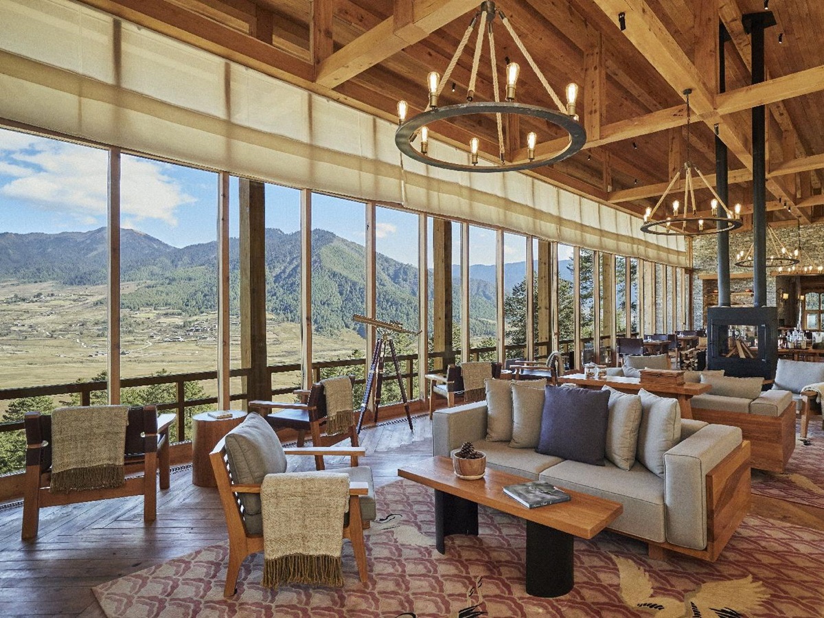 View from the lounge and birdwatching bridge at Six Senses Gangtey in Bhutan