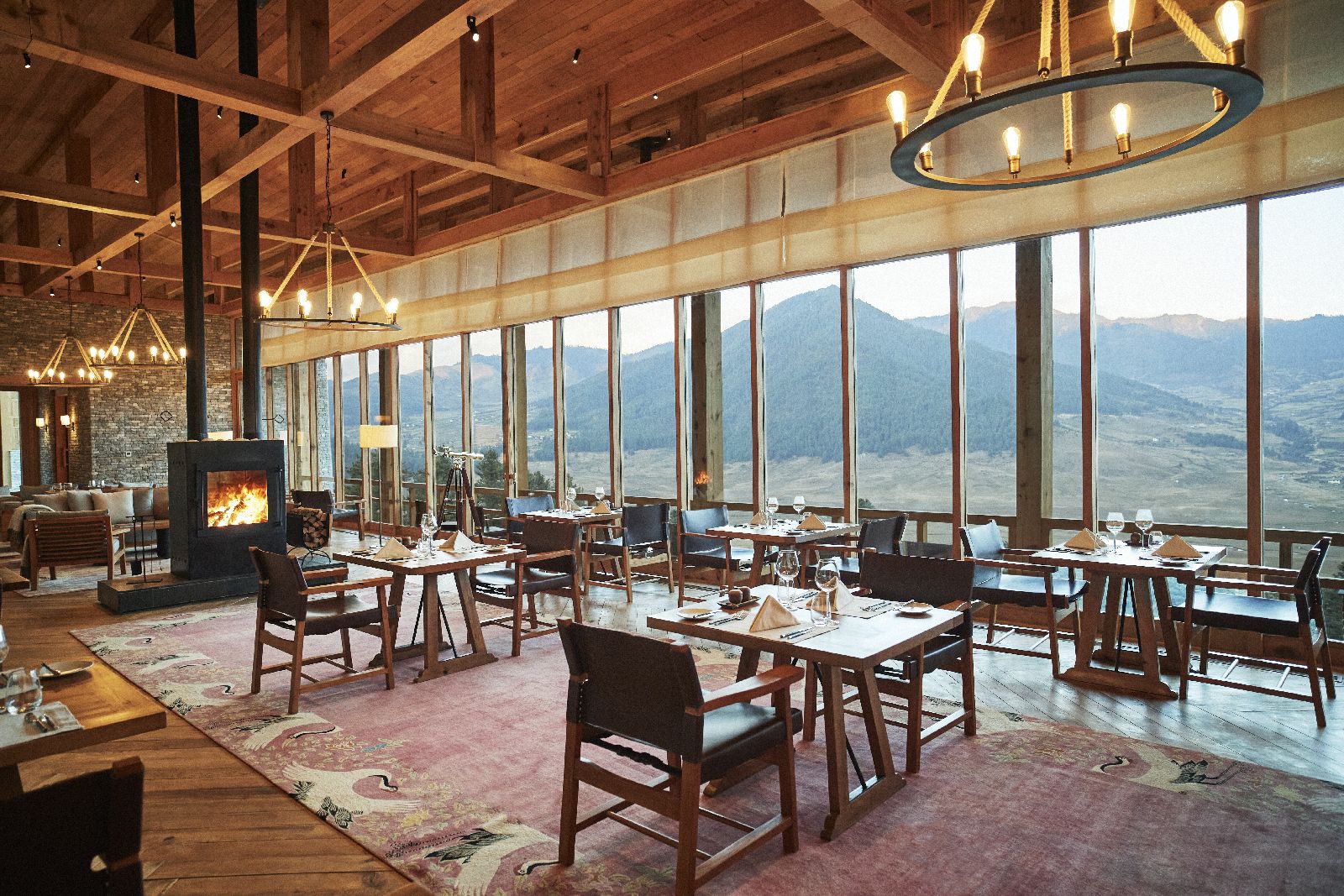Valley views from the restaurant at Six Senses Gangtey in Bhutan