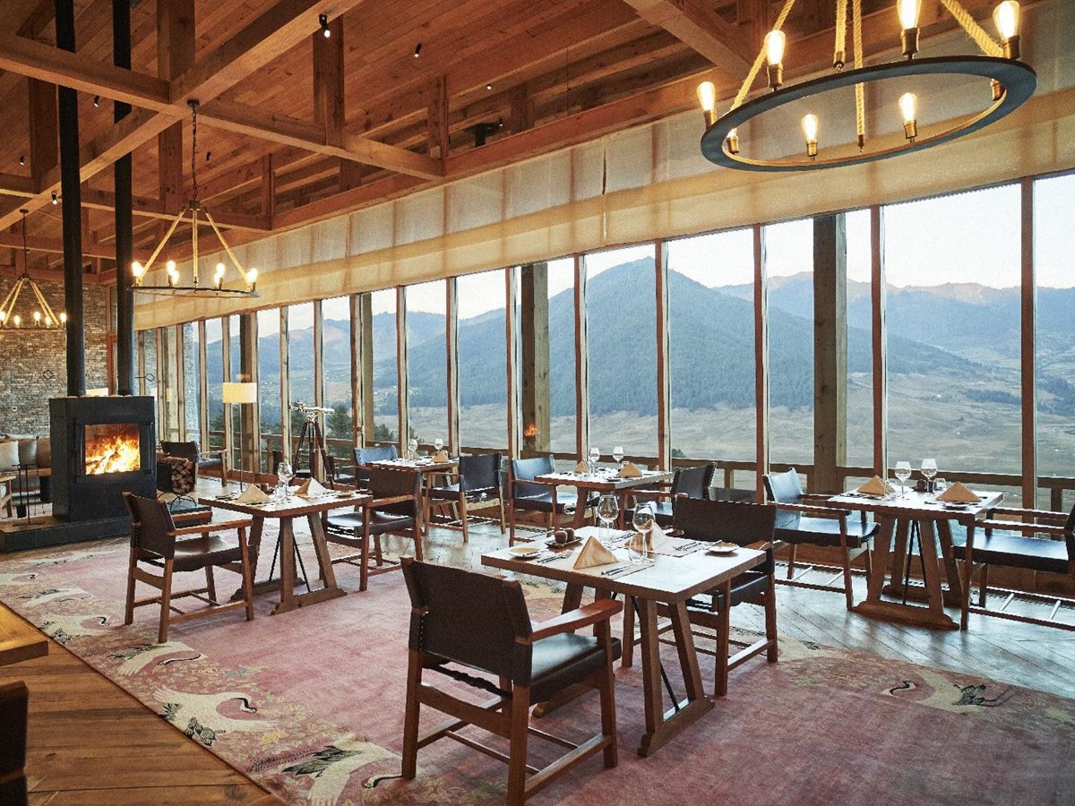 Valley views from the restaurant at Six Senses Gangtey in Bhutan