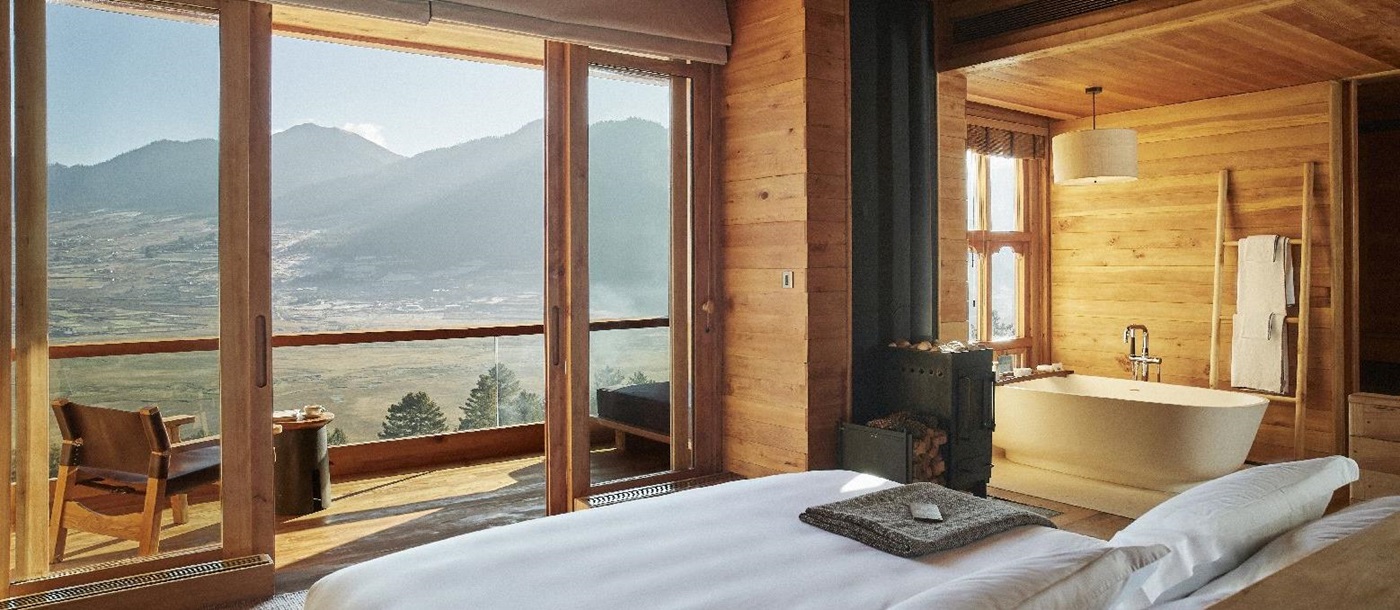 Views from a comfortable suite at Six Senses Gangtey in Bhutan