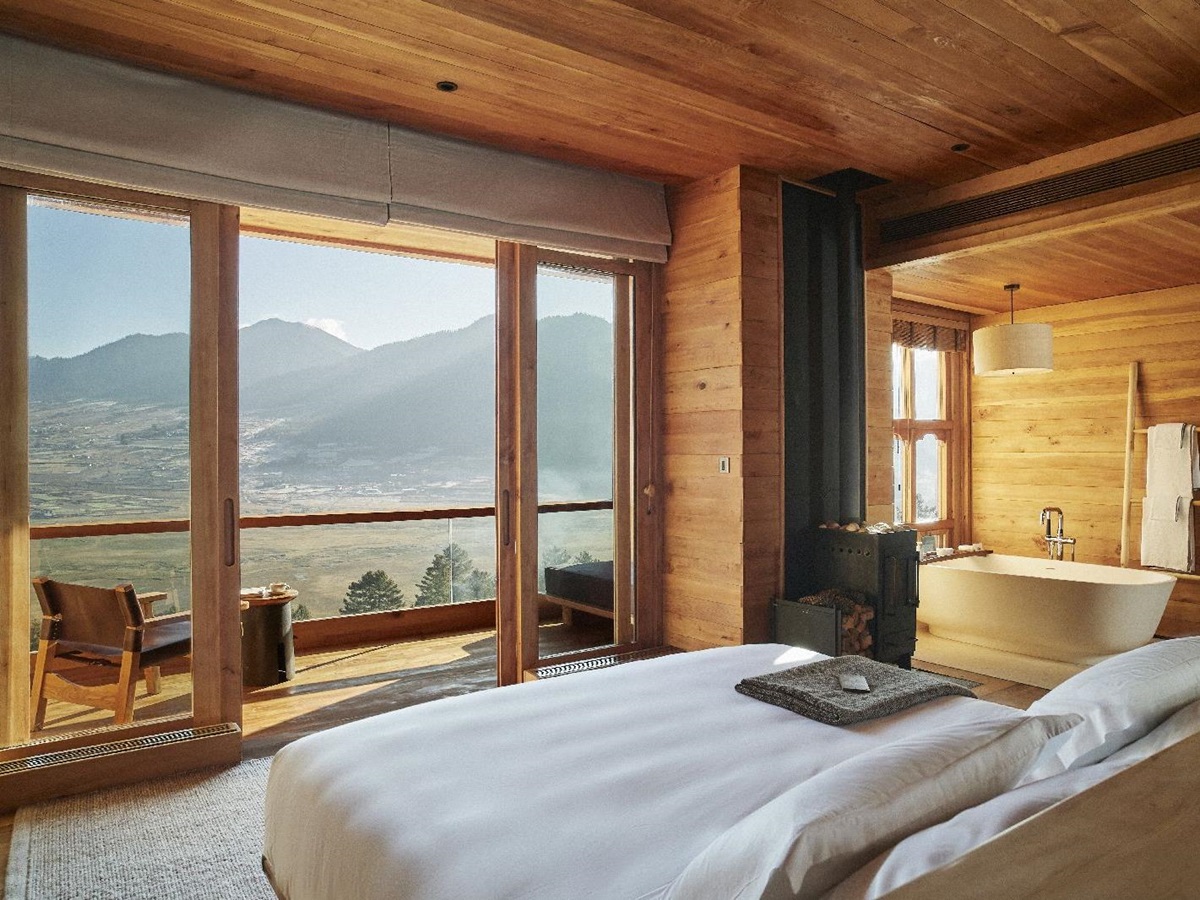 Views from a comfortable suite at Six Senses Gangtey in Bhutan