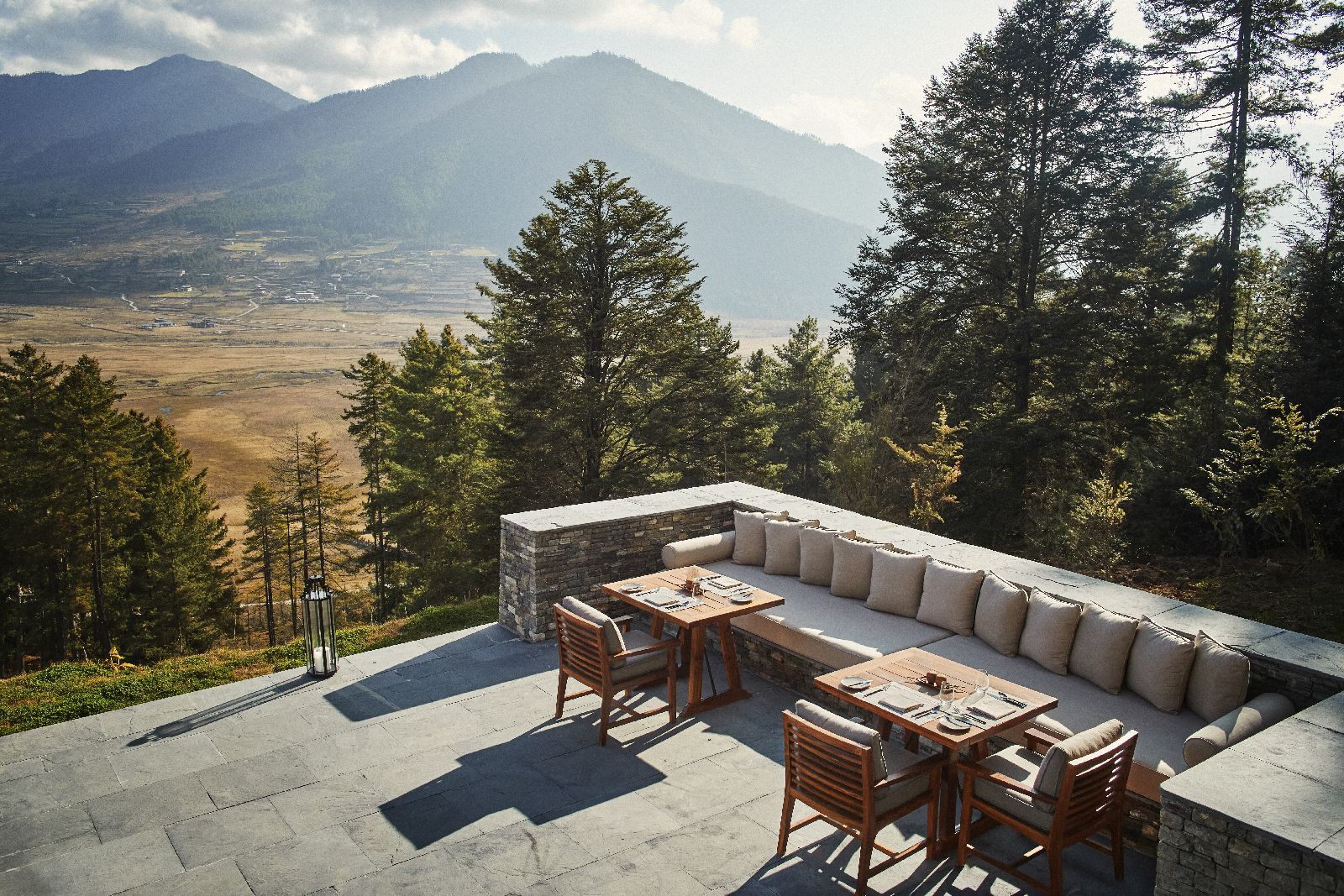Outdoor dining terrace at Six Senses Gangtey in Bhutan