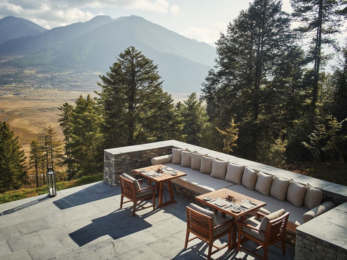 Outdoor dining terrace at Six Senses Gangtey in Bhutan