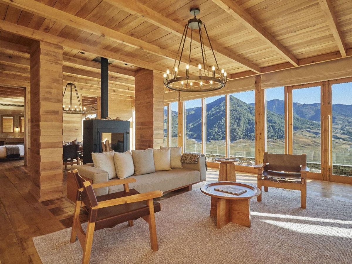 Living area of two bedroom villa at Six Senses Gangtey in Bhutan