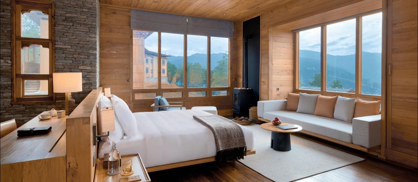 Main bedroom of the Lodge Suite with mountain views