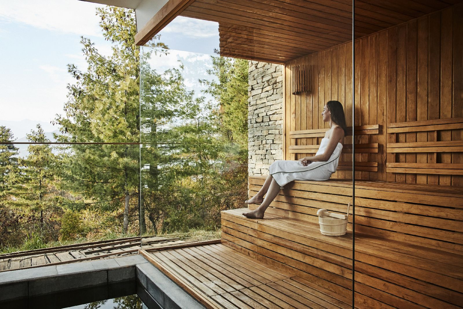 Views from the sauna at the Six Senses Paro in Bhutan