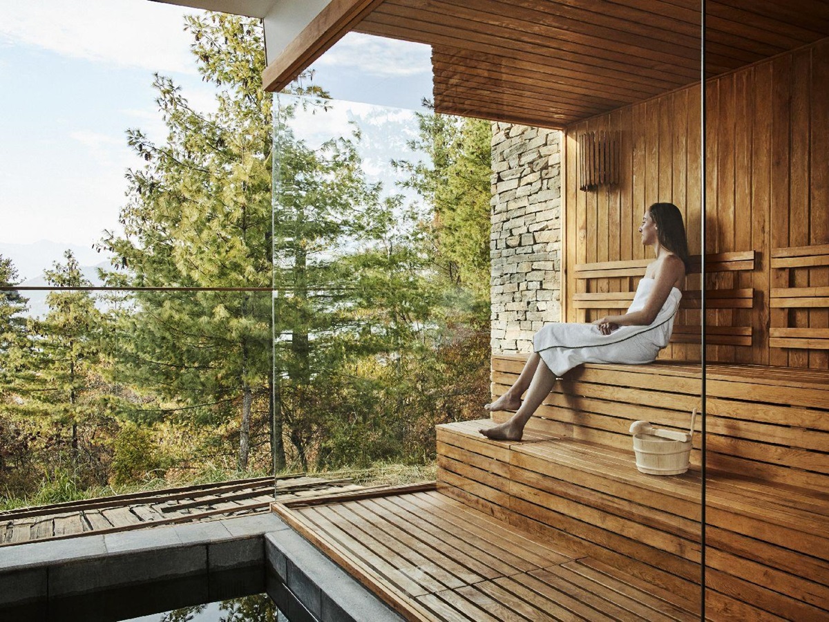 Views from the sauna at the Six Senses Paro in Bhutan