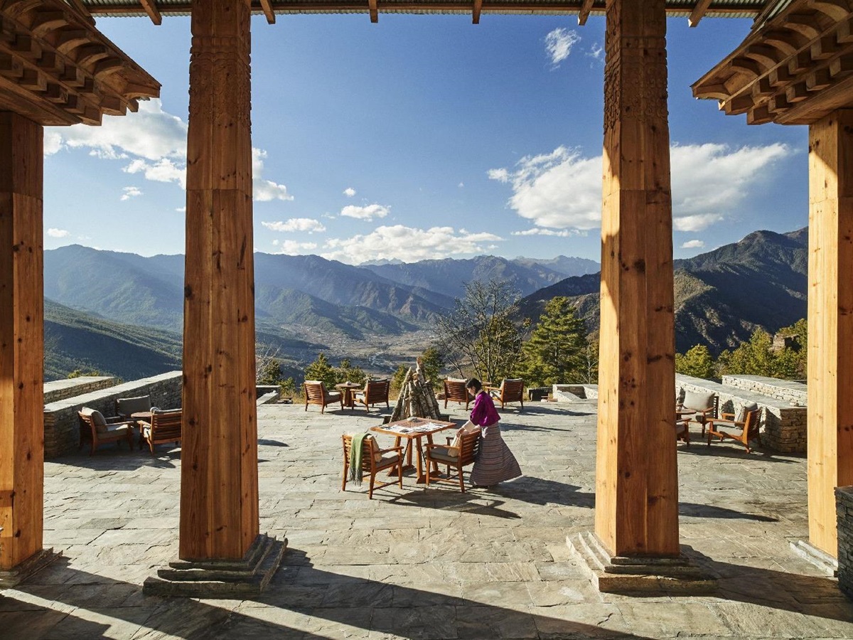 Outdoor terrace and panoramic views at the Six Senses Paro in Bhutan